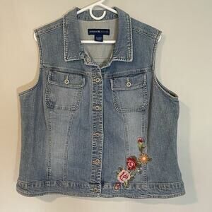 Avenue Jeans Denim Jean‎ Vest Vintage Womens Size 18/20 Blue Floral Embroidery